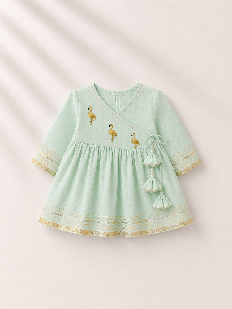 Anaario Mint Green Flamingo Angrakha Set, mint green wrap top flat lay with gold flamingo embroidery