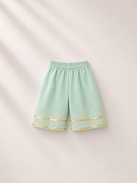 Anaario Mint Green Flamingo Angrakha Set, mint green palazzo pants flat lay with gold trim