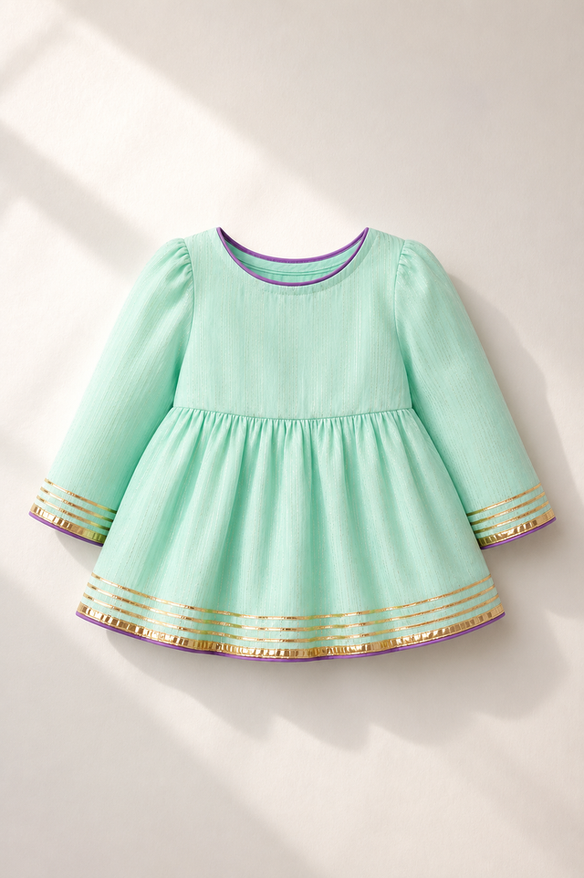 Anaario Mint Peplum Lehenga Set, mint peplum top flat lay with purple trim