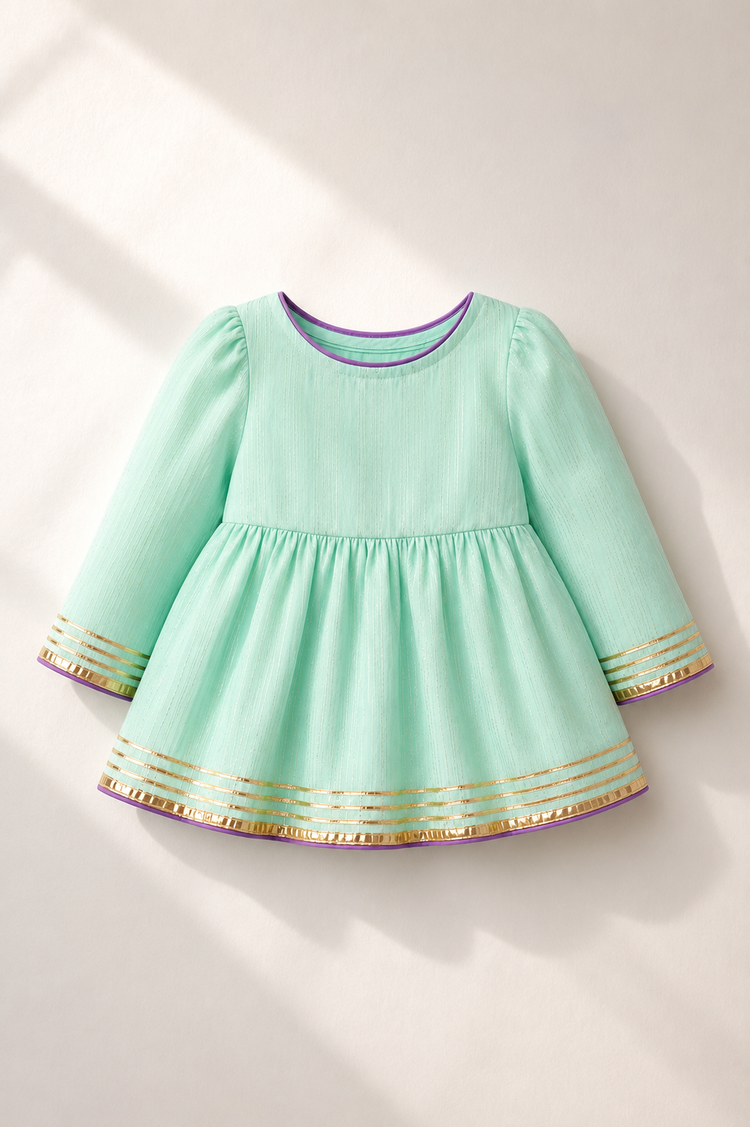 Anaario Mint Peplum Lehenga Set, mint peplum top flat lay with purple trim