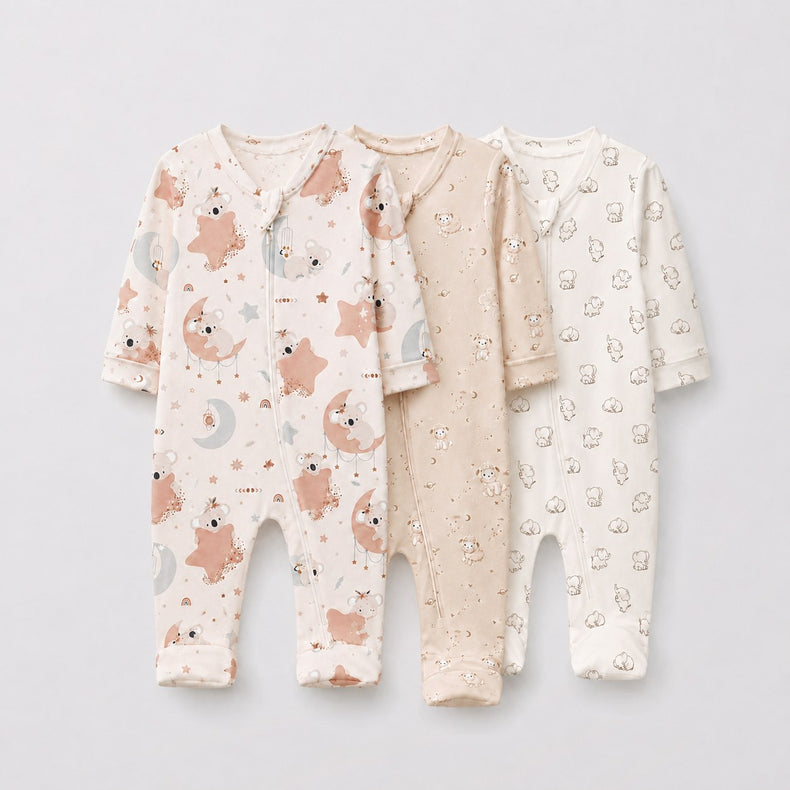 Moon & Teddy bamboo baby sleepsuit combo — coordinating full-sleeve two-way zip romper onesies