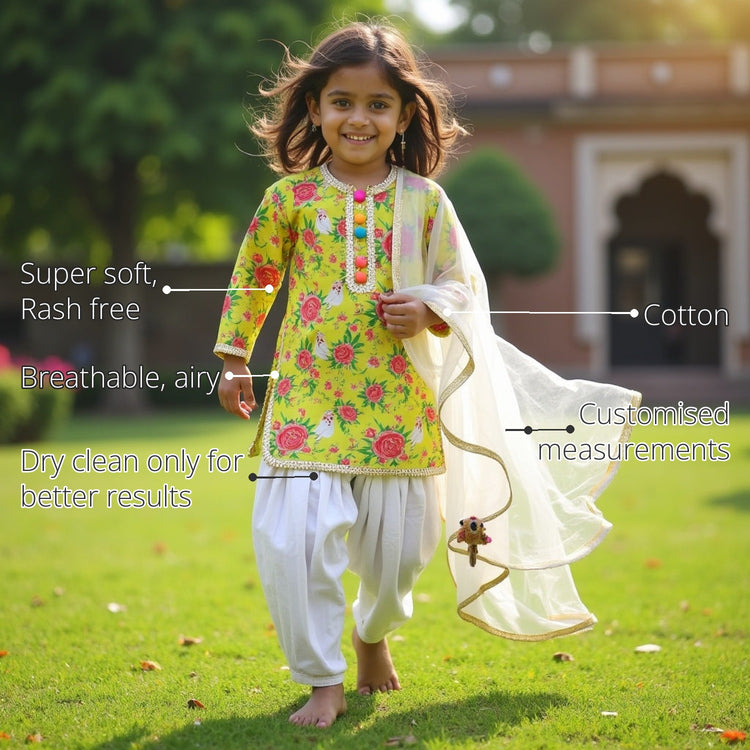 The Lime-Poppy Girls' Patiala Set features