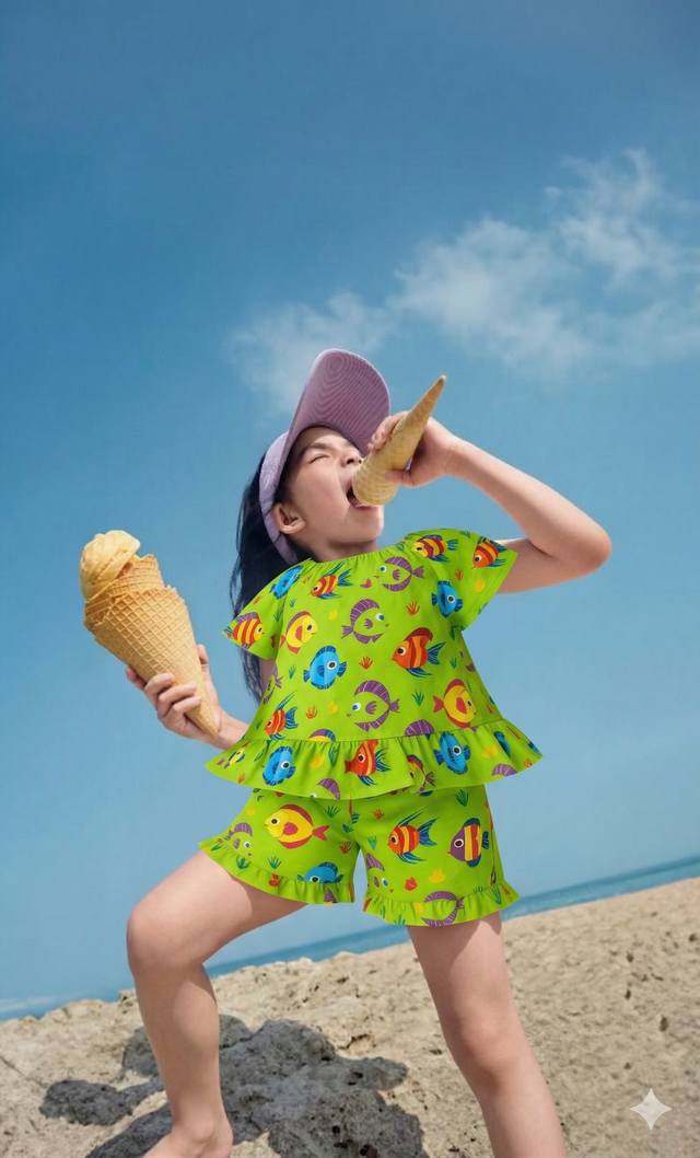Girl wearing Anaario Multi-Coloured Fish Co-ord Set