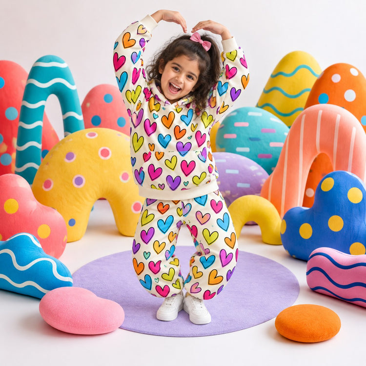 Multi Hearts Hooded Barrel Pant Set on girl by Anaario – winter kidswear
