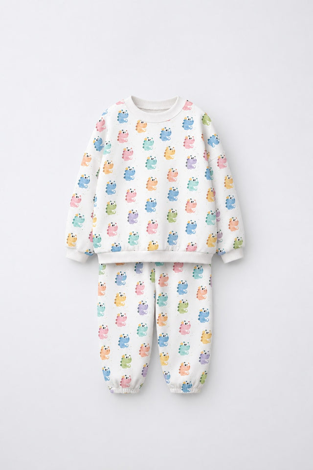 Multi Pastel Dinosaur Barrel Pant Set flat lay by Anaario