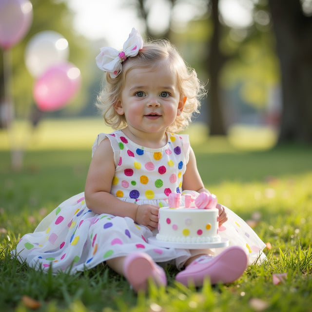 Girl wearing Anaario Fiesty Colourful Polka Dress, white tulle dress with multicolor polka dot print
