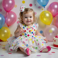 Girl wearing Anaario Fiesty Colourful Polka Dress, white tulle dress with multicolor polka dot print