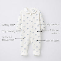 Blue Elephant Bamboo Baby Sleepsuit – Zip Romper Onesie features