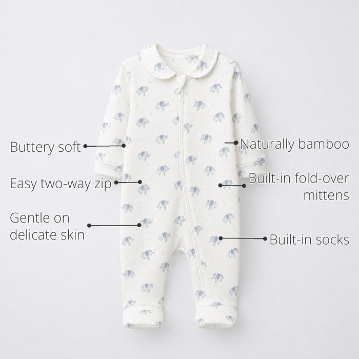 Blue Elephant Bamboo Baby Sleepsuit – Zip Romper Onesie features