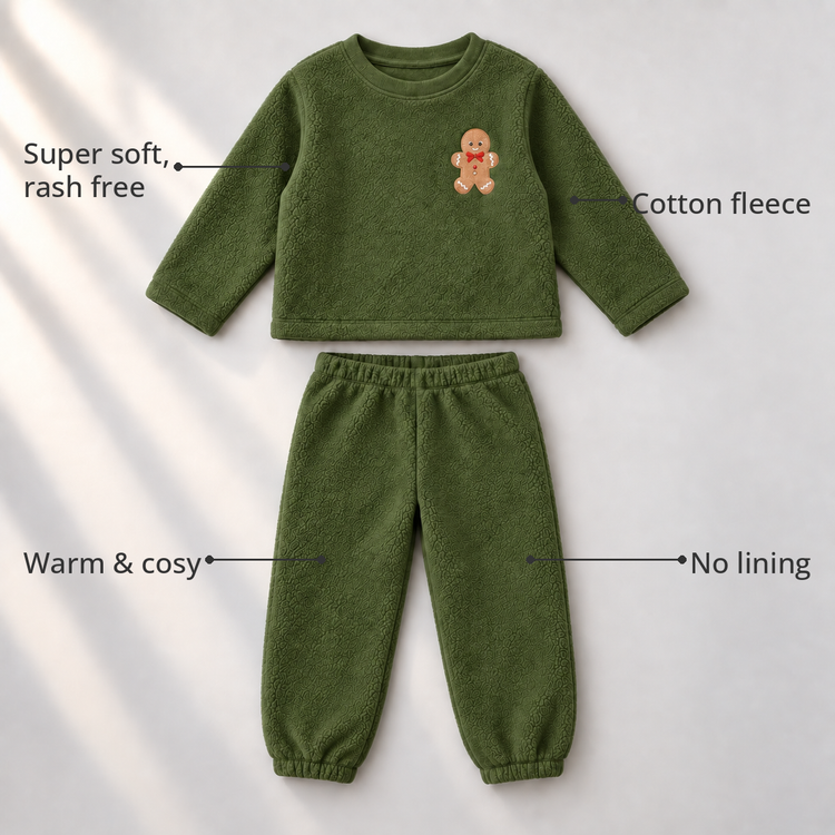 Olive Green Gingerbread Fleece Set feature highlights by Anaario – super soft, warm cotton fleece, no lining