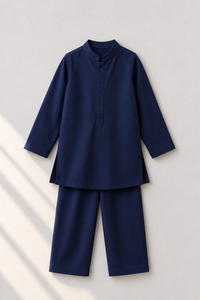 Navy Bird-Motif Kurta and Pants - flat lay