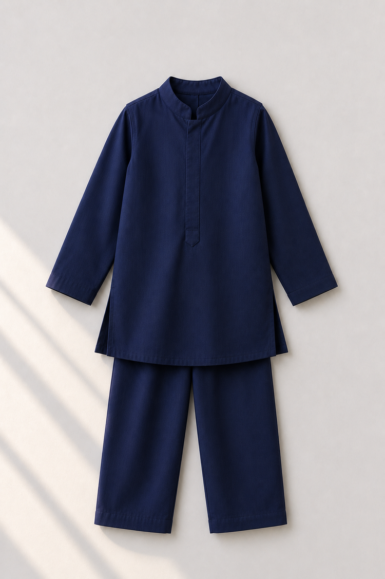 Navy Bird-Motif Kurta and Pants - flat lay