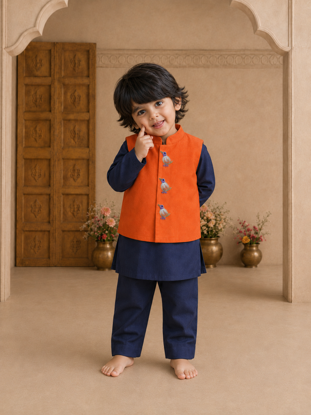 Navy Bird-Motif Waistcoat Set (Orange Waistcoat) - lifestyle photo, archway backdrop