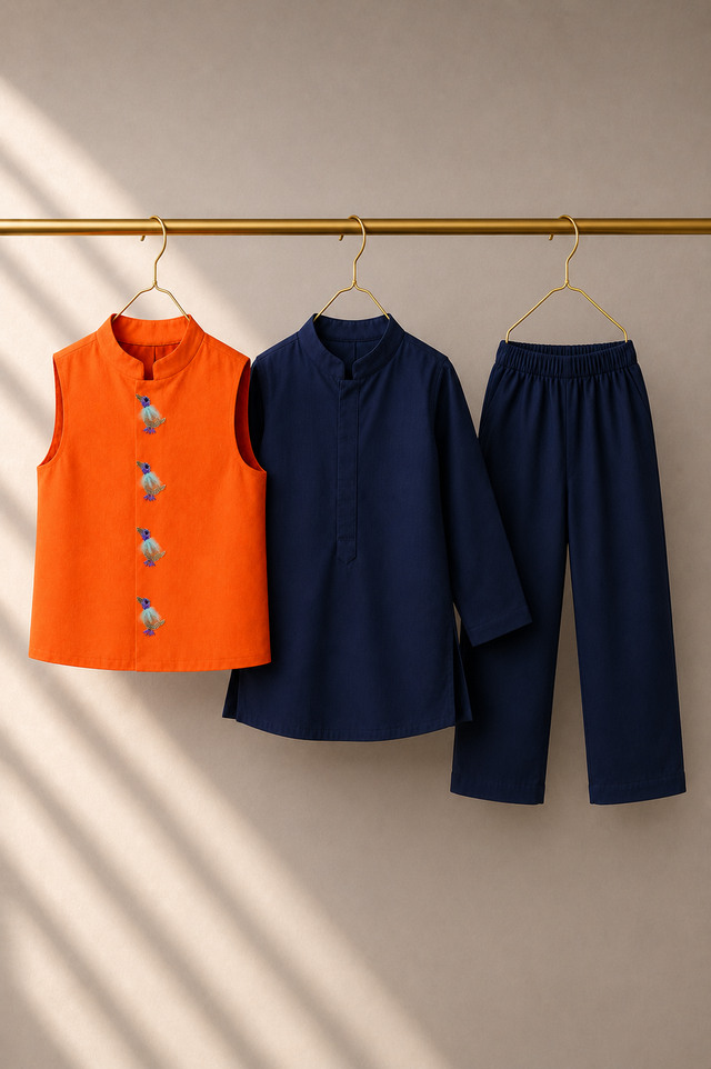 Navy Bird-Motif Waistcoat Set (Orange Waistcoat) - flat lay, waistcoat, kurta and pants