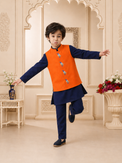 Navy bird-motif waistcoat set with orange waistcoat by Anaario