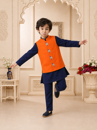 Navy bird-motif waistcoat set with orange waistcoat by Anaario