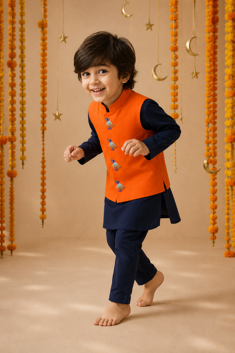 Navy Bird-Motif Waistcoat Set (Orange Waistcoat) - festive lifestyle photo, marigold and crescent backdrop