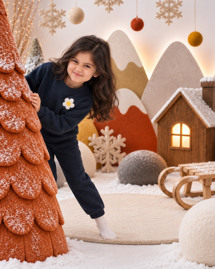 Navy Blue Flower Fleece Set on child by Anaario – winter fleecewear