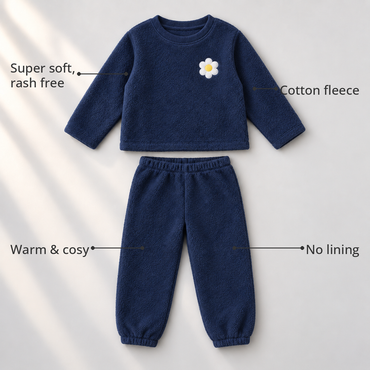 Navy Blue Flower Fleece Set feature highlights by Anaario – super soft, warm cotton fleece, no lining