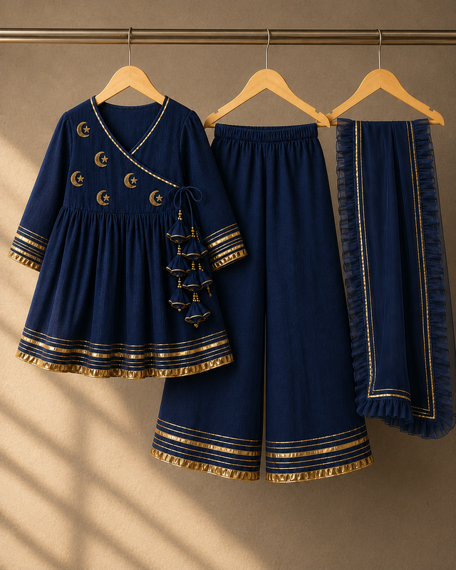 Girl wearing Anaario Navy Blue Moon-Star Angrakha Set