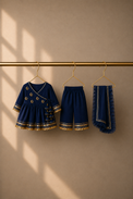 Anaario Navy Blue Moon-Star Angrakha Set, navy blue angrakha top, pants and dupatta on hangers
