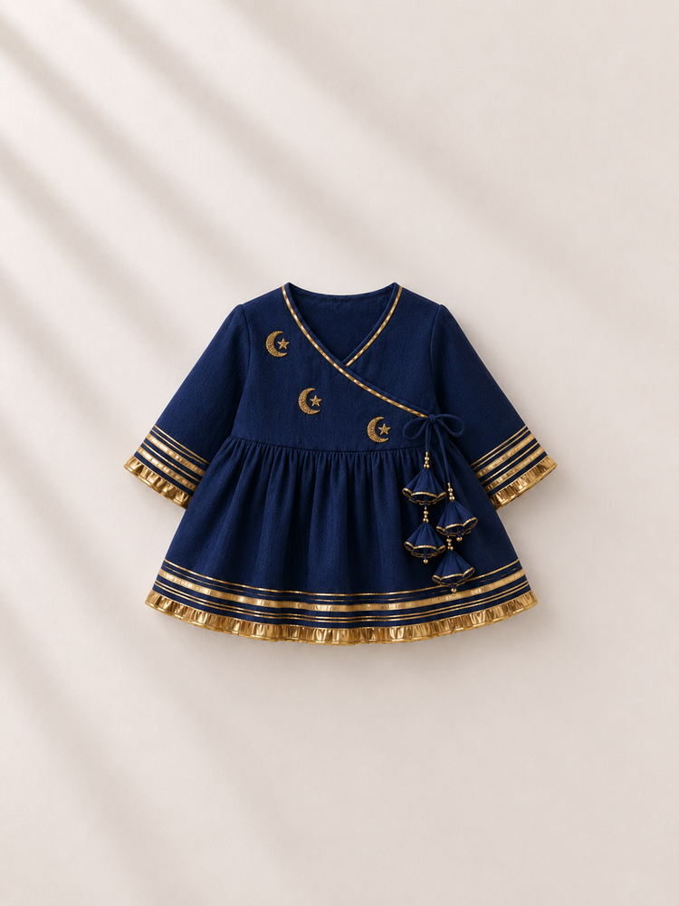 Anaario Navy Blue Moon-Star Angrakha Set, navy blue wrap top flat lay with gold moon-star embroidery