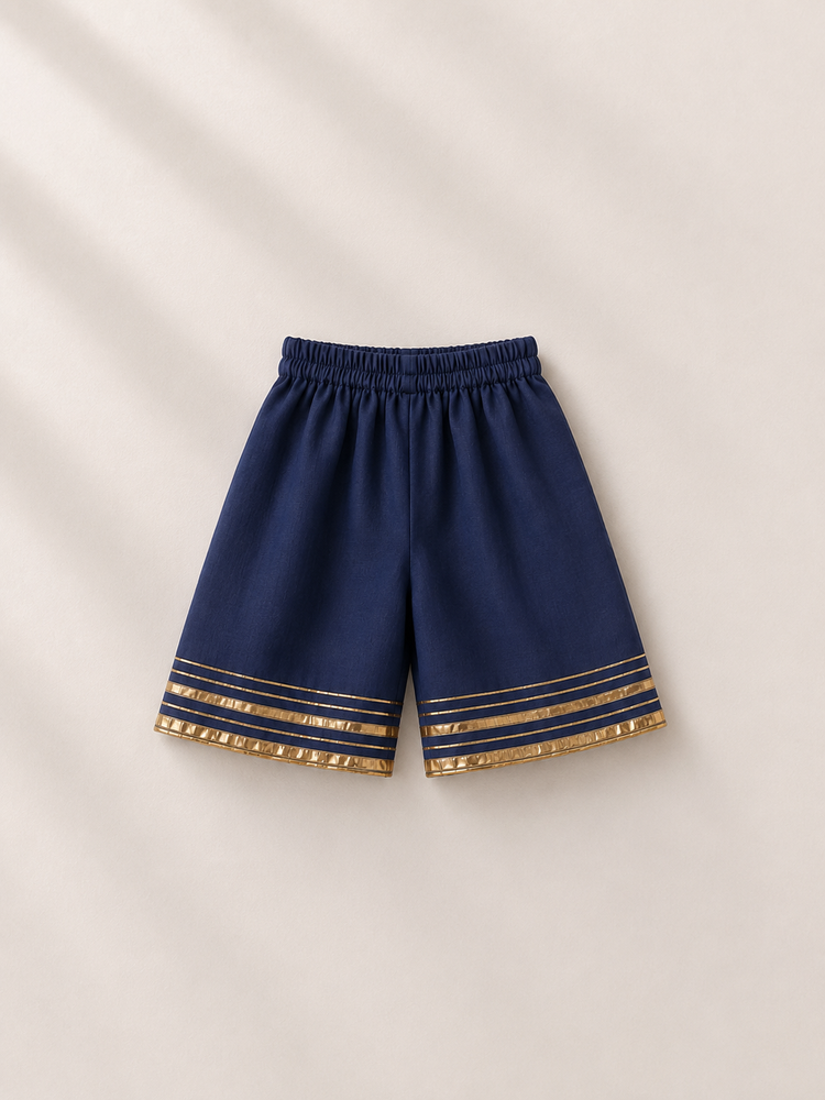 Anaario Navy Blue Moon-Star Angrakha Set, navy blue palazzo pants flat lay with gold trim