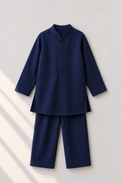 Navy Dragonfly-Motif Kurta and Pants - flat lay