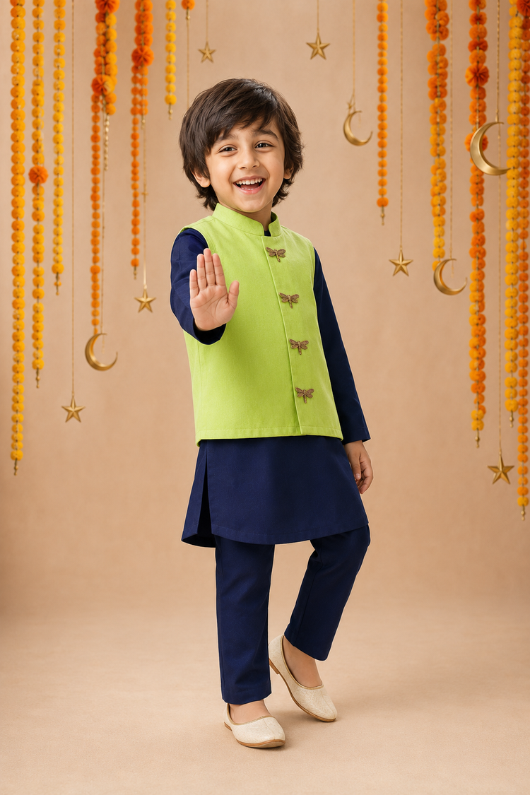 Navy Dragonfly-Motif Waistcoat Set (Lime Waistcoat) - festive lifestyle photo, marigold and crescent backdrop