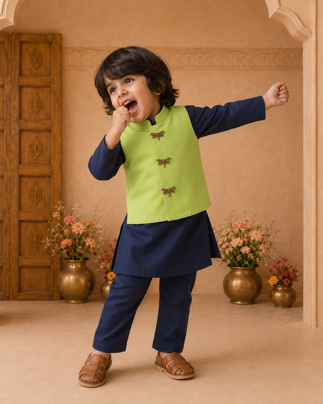 Navy Dragonfly-Motif Waistcoat Set (Lime Waistcoat) - lifestyle photo, archway backdrop