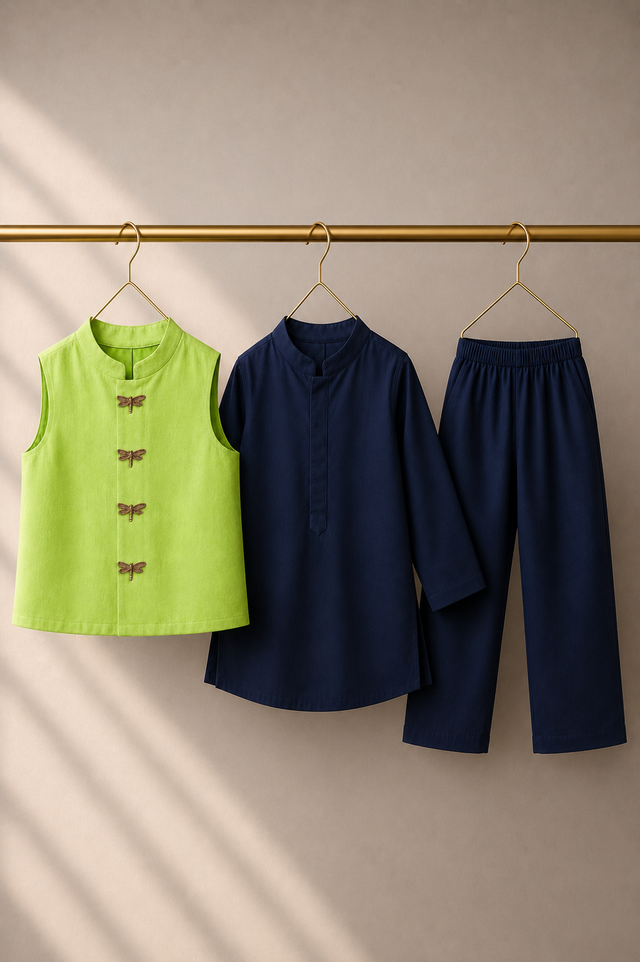 Navy Dragonfly-Motif Waistcoat Set (Lime Waistcoat) - flat lay, waistcoat, kurta and pants