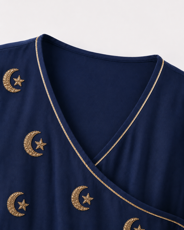 Anaario Navy Blue Moon-Star Angrakha Set, close-up of embroidered moon-and-star motif