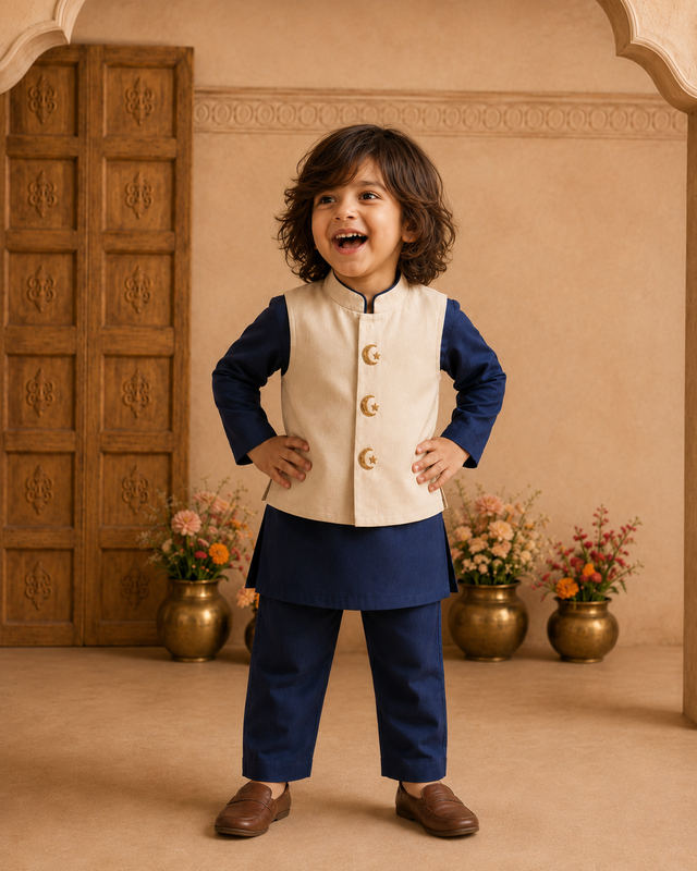Navy Moon-Star Waistcoat Set (Cream Waistcoat) - lifestyle photo, archway backdrop