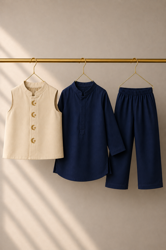 Navy Moon-Star Waistcoat Set (Cream Waistcoat) - flat lay, waistcoat, kurta and pants