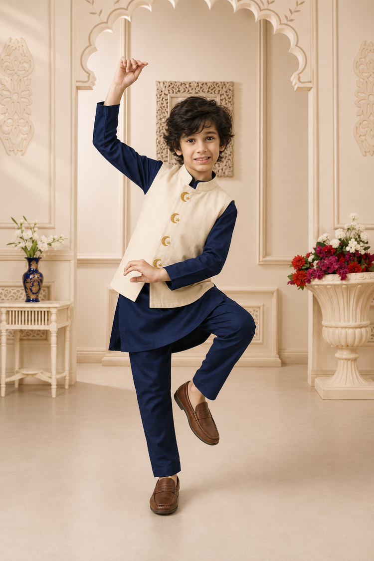 Navy moon and star waistcoat set with cream waistcoat by Anaario