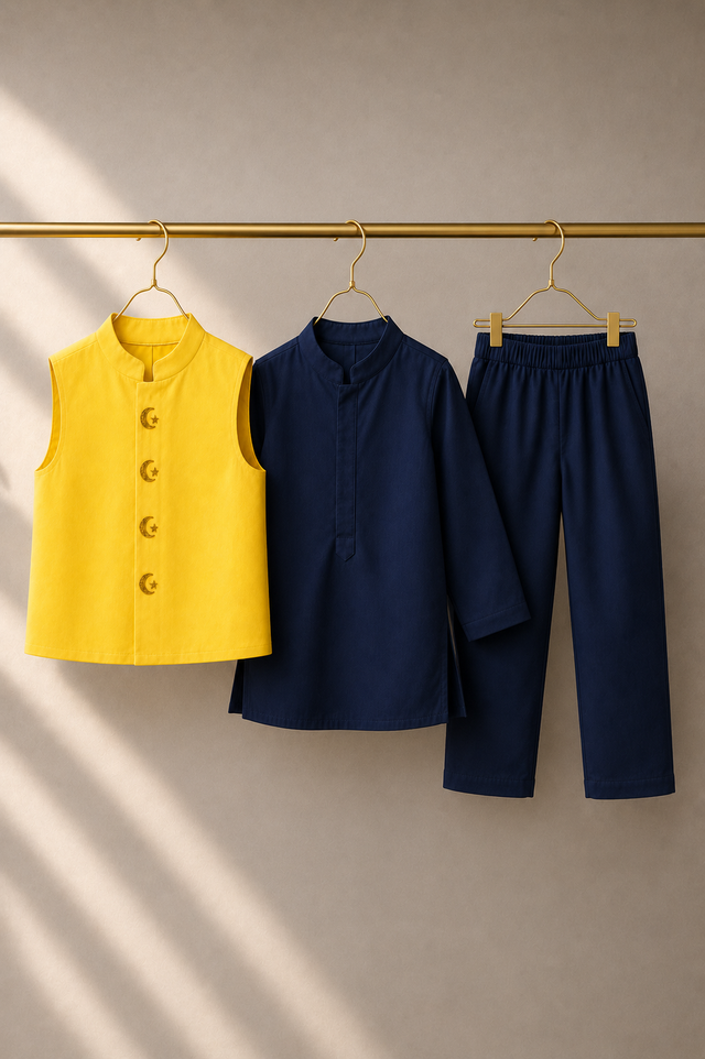 Navy Moon-Star Waistcoat Set (Yellow Waistcoat) - flat lay, waistcoat, kurta and pants