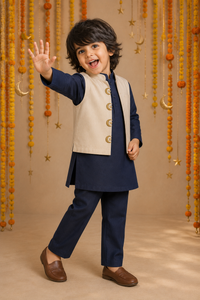 Navy Moon-Star Waistcoat Set (Cream Waistcoat) - festive lifestyle photo, marigold and crescent backdrop
