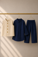 Navy Moon-Star Waistcoat Set (Cream Waistcoat) - flat lay, waistcoat, kurta and pants