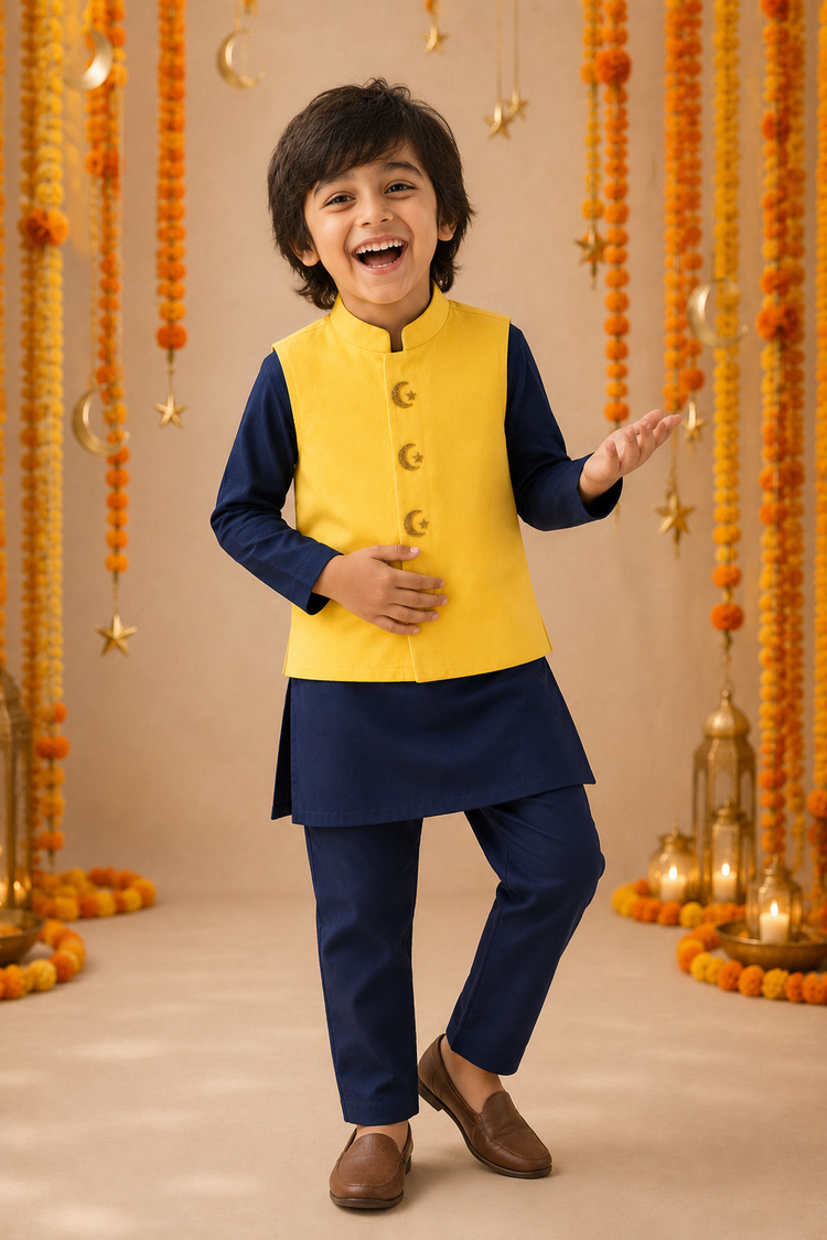 Navy Moon-Star Waistcoat Set (Yellow Waistcoat) - festive lifestyle photo, marigold and crescent backdrop