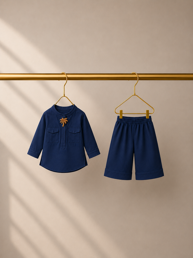 Baby wearing Anaario Navy Palm-Motif Baby Kurta Set, navy kurta with palm-tree motif, newborn to 24 months