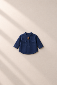 Baby wearing Anaario Navy Palm-Motif Baby Kurta Set, navy kurta with palm-tree motif, newborn to 24 months