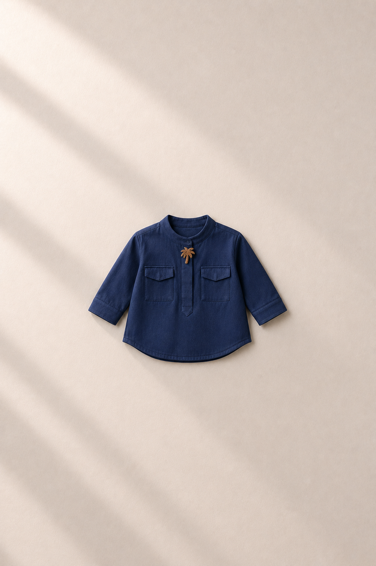 Baby wearing Anaario Navy Palm-Motif Baby Kurta Set, navy kurta with palm-tree motif, newborn to 24 months