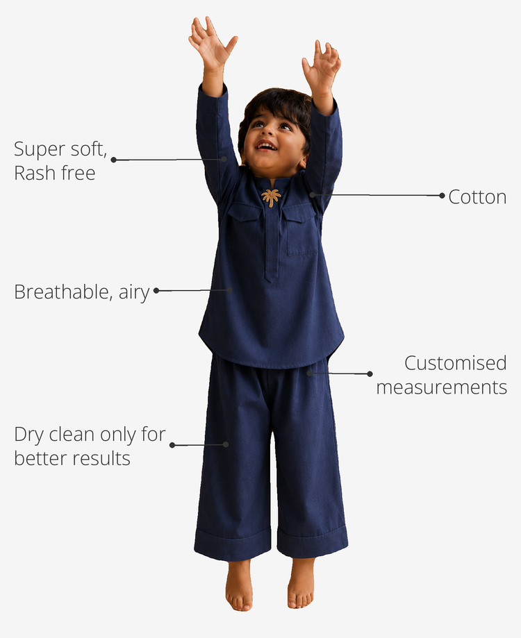 Anaario Navy Palm-Motif Boys' Kurta Set key features