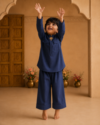 Navy Palm-Motif Kurta Set - boy jumping