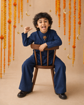 Navy Palm-Motif Kurta Set - boy sitting festive