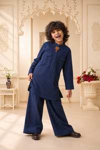 Navy Palm-Motif Kurta Set - boy under arch