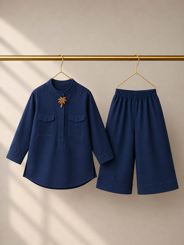 Navy Palm-Motif Kurta Set - full co-ord set flat lay