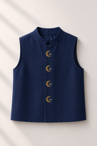 Navy Waistcoat with Moon-Star embroidered buttons - flat lay