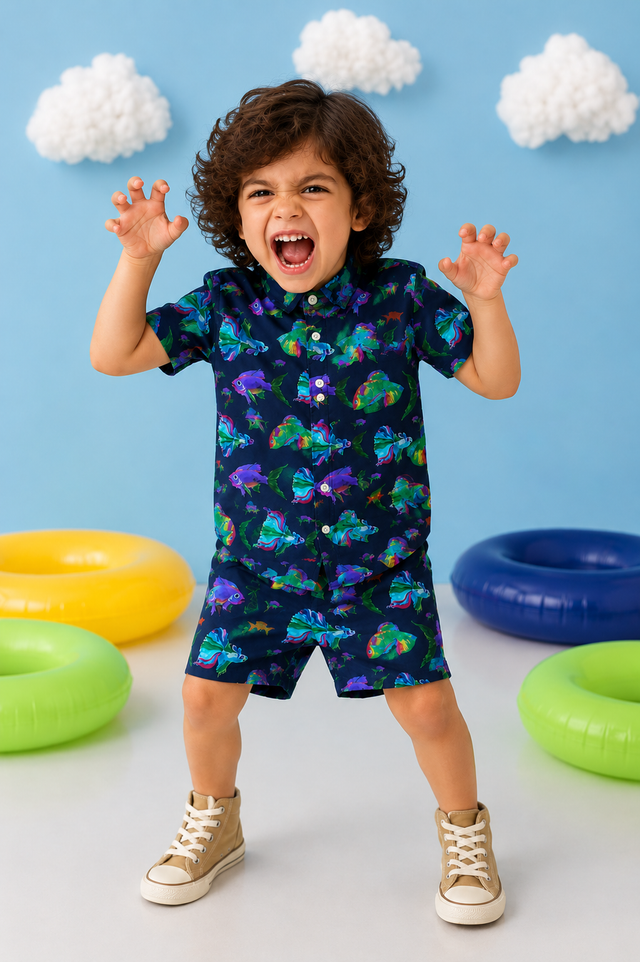 Boy wearing Anaario Neon Fish Shirt Set
