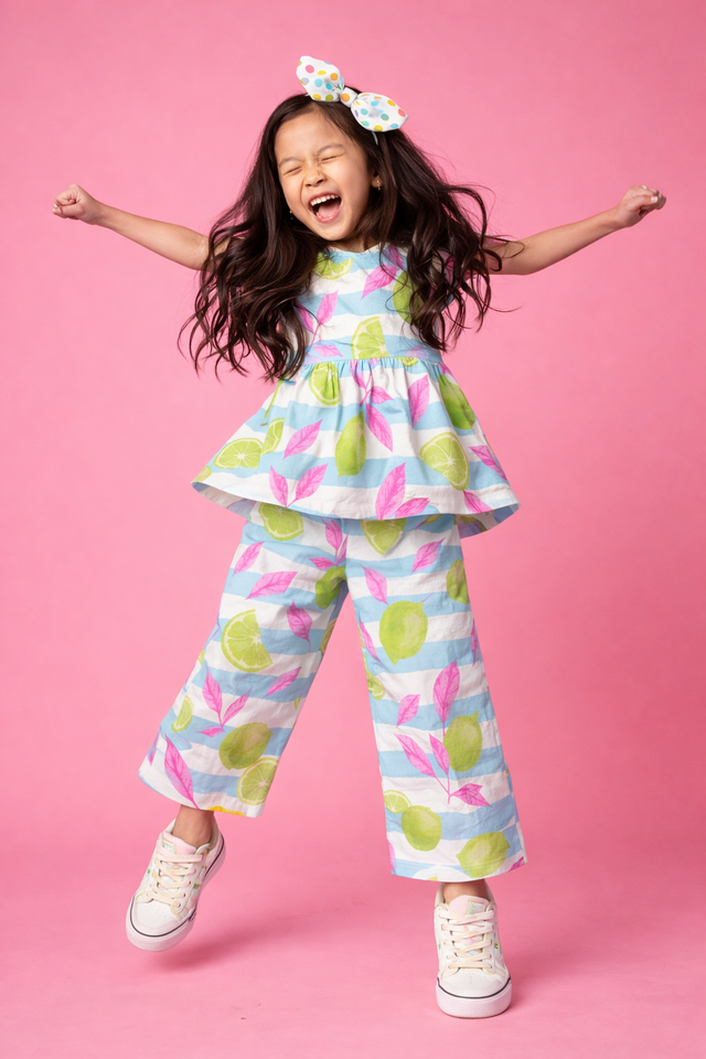 Girl wearing Anaario Neon Limes and Leaves Co-ord Set